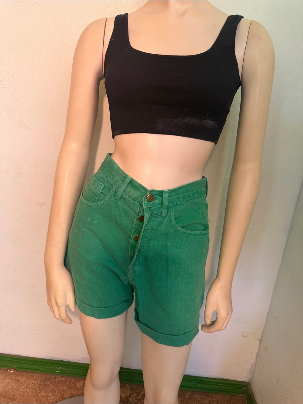 Vintage Guess High-Rise Green Button-Fly Jean Shorts